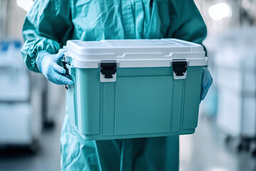 Medical Professional Holding Transplantation Organ Cooler with Hospital Background. Organ Donor and Recipient