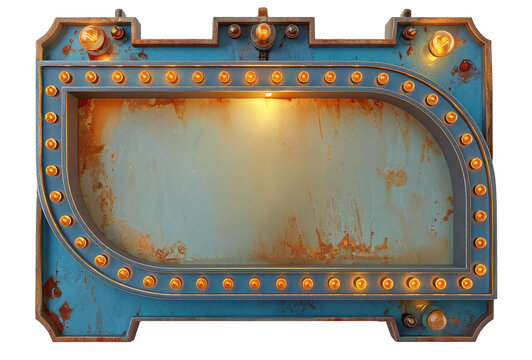 A blue sign with a large hole in the middle. The sign is lit up with many lights