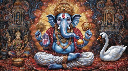 A vibrant depiction of Hindu deity, Ganesha, surrounded by ornate details