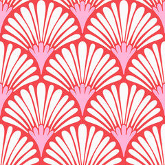 Hand drawn seamless pattern with semi-circular fan shapes abstract flower bud in a marine style, scalloped pink and red background. Ideal for textiles, wallpapers, and interior 