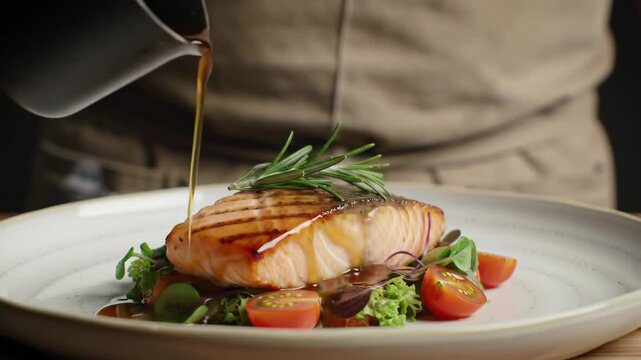 Seared salmon fillet with sauce pour, gourmet plating, close-up orbit and tilt in soft studio light