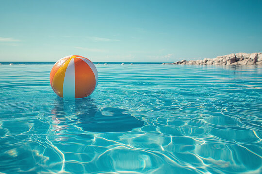 Colorful inflatable pool ball floating in turquoise water, tropical resort background. Travel and Summer Holiday Banner with copy space for text or logo