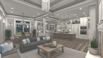 Fototapeta premium Open-concept kitchen and living area in a modern farmhouse design.
