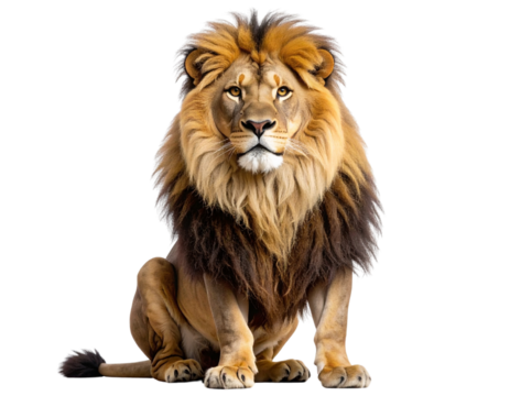  “Majestic Male Lion in Front-Facing Seated Pose with Full Mane, isolated on transparent background”.