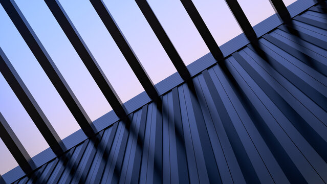 Wall of building, modern architecture with metal elements, building with transparent ceiling, sky view. Modern house, office, building, with metal wall and open sky,wallpaper. 3D render
