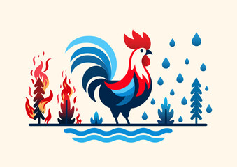 Blue and red rooster. Fires, floods, natural disasters