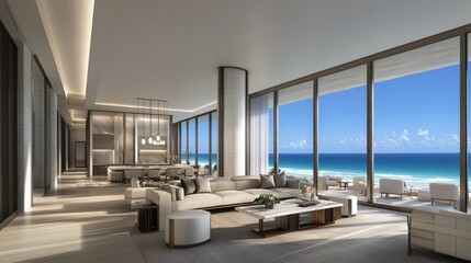 Fototapeta premium Spacious modern living area with ocean views.