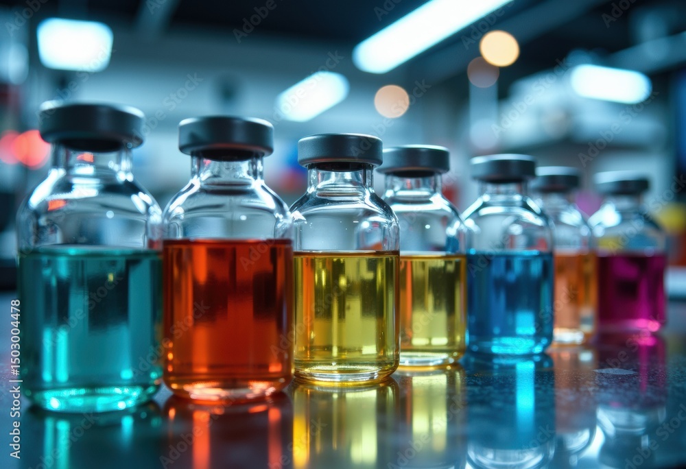 Poster laboratory test tubes filled with colorful liquids arranged on a reflective surface in a modern lab 