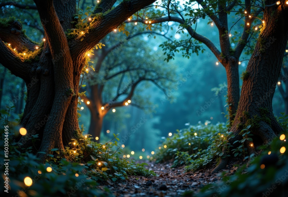 Poster enchanting forest scene illuminated by warm string lights hanging between trees at dusk