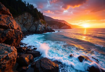 Vibrant sunset over rocky coastline with crashing waves and scenic cliffs