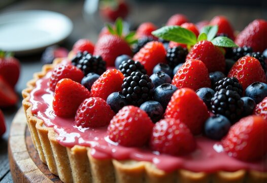 Fresh mixed berry tart with strawberries, blackberries, and blueberries on a wooden surface