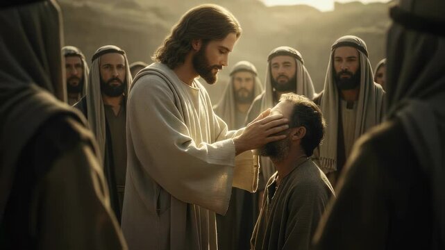 Jesus Christ Blesses and Heals a Blind Man. Preaching the Gospel. For Christian Religious Church Publications