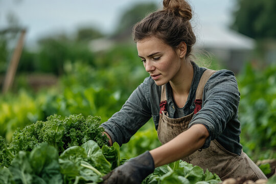 Happy female farmer harvesting fresh organic vegetable and greenery in local farm at countryside. Natural and eco food concept.	