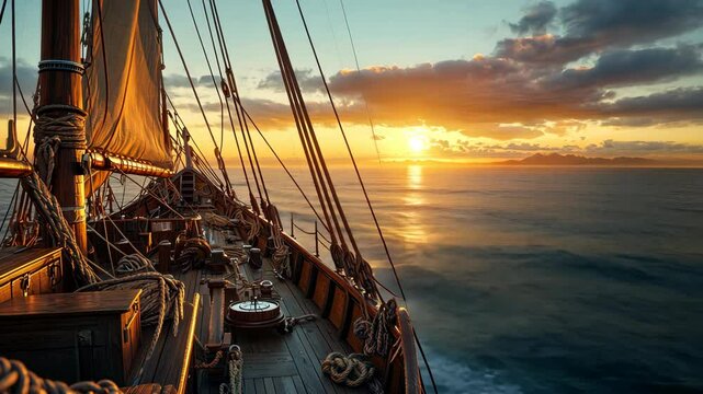 View from Sailing Ship Deck at Sunset, Ocean Voyage, Nautical Adventure, Golden Light, Maritime History, Travel and Exploration, Seascape