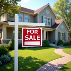 Fototapeta premium A For Sale sign in front of a beautiful suburban home, perfect for real estate promotions, listings, and marketing materials showcasing residential properties.