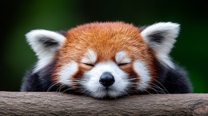 Obraz premium Adorable Red Panda Sleeping in Bamboo Forest - Peaceful red panda napping, symbolizing tranquility, wildlife conservation, the beauty of nature, adorable animals, and quiet moments