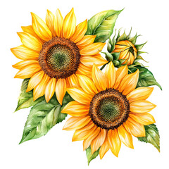 Naklejka premium Watercolor illustration of bright yellow sunflowers with green leaves isolated on transparent background