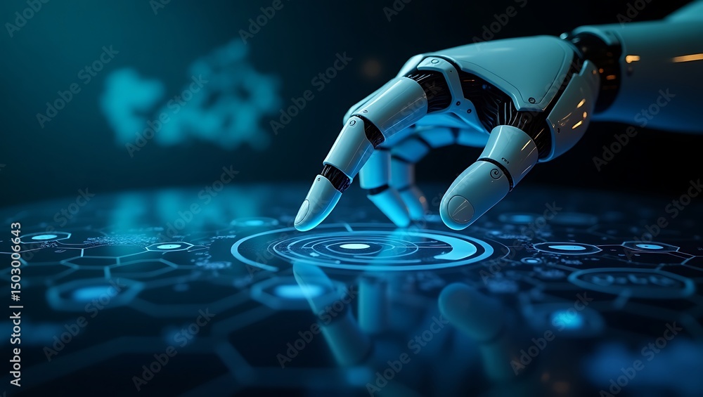 Poster robotic hand interacting with futuristic interface ai and technology advancement