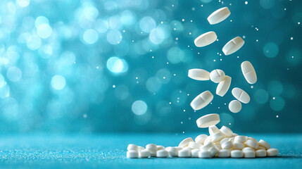 White Pills Floating in Air with Scattered Powder on Blue Background With Copy Space. Ideal for medical or health-themed visuals.	