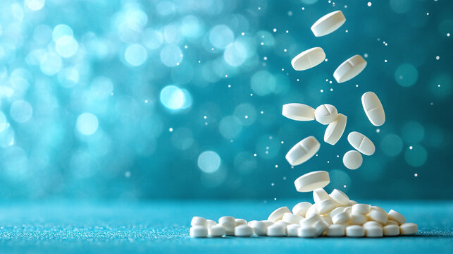 White Pills Floating in Air with Scattered Powder on Blue Background With Copy Space. Ideal for medical or health-themed visuals.	