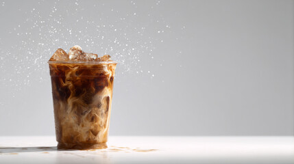 Close-up of caramel iced latte in a transparent cup showcasing swirling coffee texture blending with creamy milk, condensation droplets on the glass surface, commercial product photography