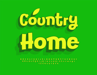 Vector Ecologic emblem Country Home. Bright Funny 3D Font. Fresh Green Alphabet Letters and Numbers set.