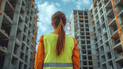 A lone woman in reflective clothing oversees the progress of building constructions under a vibrant sky.