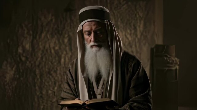 An older man wearing an old-fashioned headdress walks and reads, like a Jewish priest and Pharisee in biblical times.