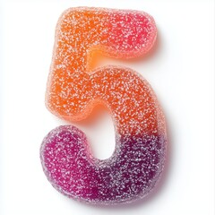 Gummy candy number 5 shape with sprinkle of sugar, isolated white