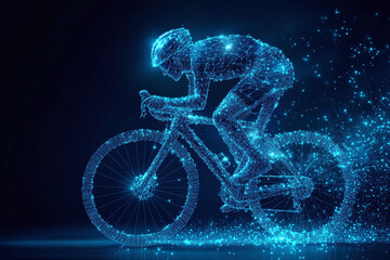 Digital sports technology concept of glowing blue wireframe of a cyclist pedaling bicycle in neon blue light	