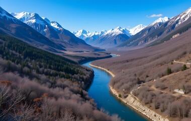 Scenic Mountain Valley with Winding River and Snow-Capped Peaks &ndash; High-Resolution Nature Landscape for Travel, Adventure, and Wilderness Photography
