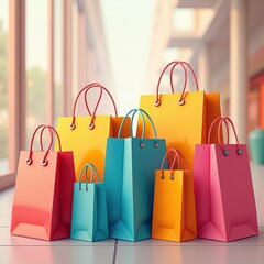 Colorful shopping bags arranged in a modern retail environment, perfect for showcasing products, promotions, or seasonal sales.