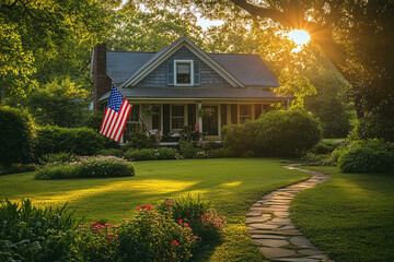 Idyllic countryside home with a lush garden, American flag displayed, and warm sunset. A serene residential scene evoking national pride, peaceful ambiance, and natural beauty, perfect for patriotism
