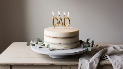 Delicious birthday cake for dad with golden candles and decorative foliage on a white cake stand.