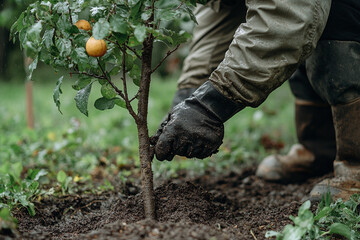 A man is seen planting a small sapling in a community garden, signifying environmental care and sustainability, against a backdrop of an urban setting.	