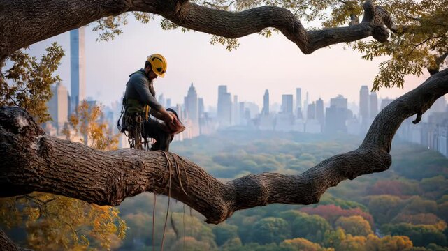 A male tree surgeon wearing a helmet and safety harness adjusts a chainsaw on a tree branch overlooking a distant city skyline and autumn park, professional arborist at work footage.