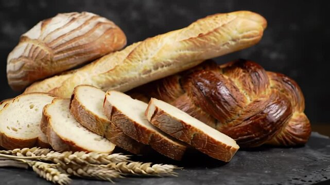 Cinematic close-up orbit of assorted artisanal breads with sliced loaf, wheat stalks, and dark background