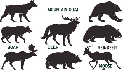 A detailed vector illustration of various wild forest animals in black silhouette style on a white background. Include multiple poses of each animal. Animals featured should include: bear, fox, wolf, 