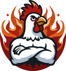 Strong Muscular Chicken Mascot with Fire Background - Vector IllustrationROOSTER2.eps