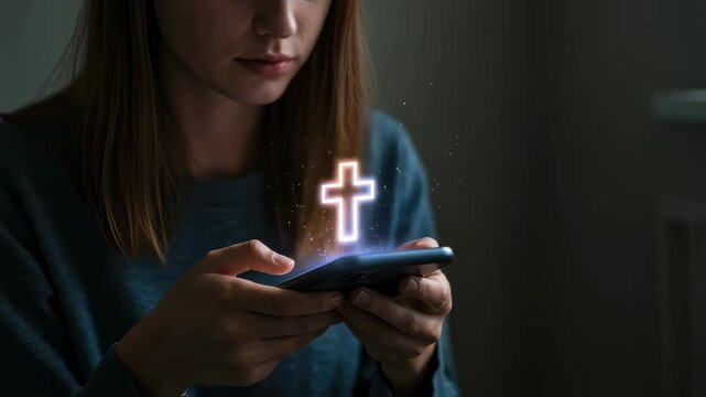 Digital Faith: Young Woman Holding a Smartphone with a Glowing Cross Emerging	
