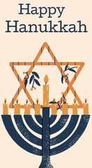 Hanukkah greeting poster with menorah and David Star of the holiday.