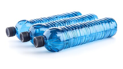 Three Blue Plastic Bottles of Water Isolated on a White Background for Refreshment and Hydration