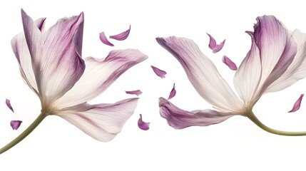Delicate Purple And White Lilies With Falling Petals Against A Soft Background