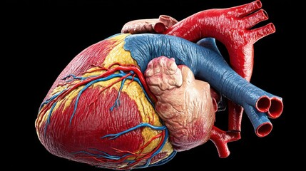 Heart Artery Blockage, Anatomical illustration of a human heart showcasing intricate details and vascular structures.