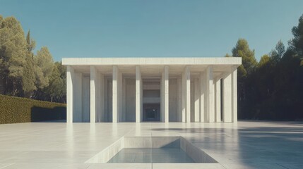 Fototapeta premium Modern concrete building in a park setting.