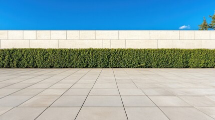 Fototapeta premium Paved plaza with hedgerow and wall.