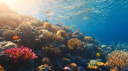 Naklejka premium Vibrant Coral Reef Underwater Scene With Colorful Marine Life and Sunlight Filtering Through Water