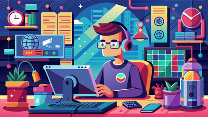 Cartoon man with glasses and headphones working at a digital workstation surrounded by futuristic gadgets and data screens