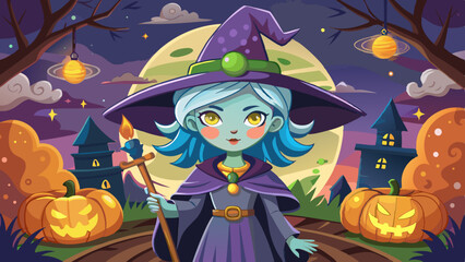 Cartoon witch girl with blue hair and magic staff standing in front of a full moon, surrounded by glowing pumpkins and a spooky halloween night scene