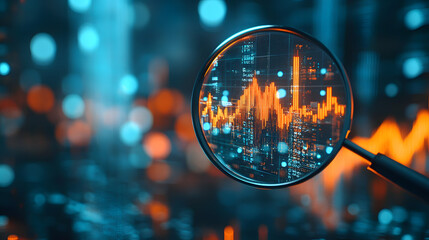 magnifying glass highlights falling interest rate chart, emphasizing importance of financial analysis and market trends. This image captures essence of economic evaluation and data interpretation